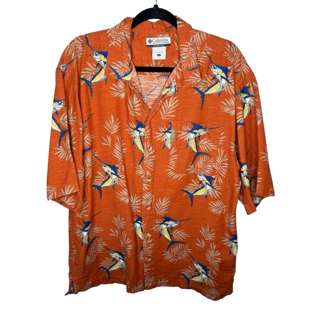 COLUMBIA / 100% cotton orange blue swordfish printed short sleeve button up / L